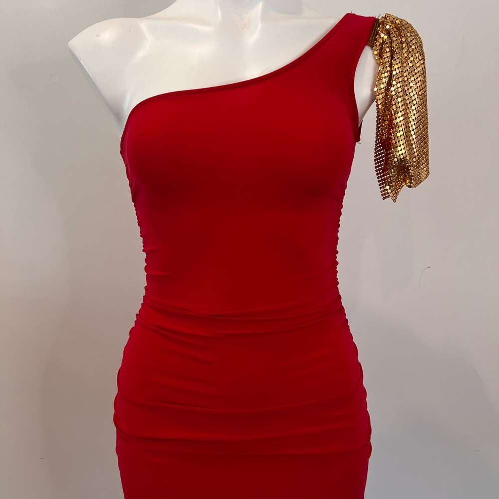 Arden B Red One-Shoulder Dress with Gold Detail
